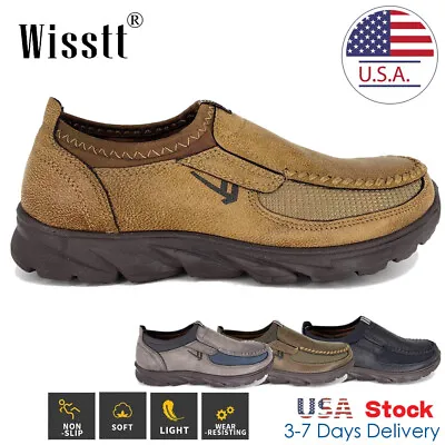 Men's Leather Casual Work Shoes Antiskid Slip On Driving Dress Loafers Moccasin • $31.75