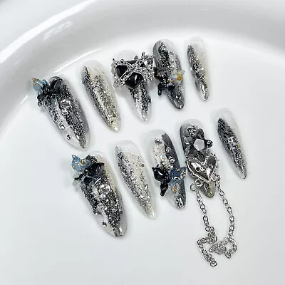 Handmade False Nail Black Sequin Charm French Press On Nails For Nail Art 10PCS • $16.77