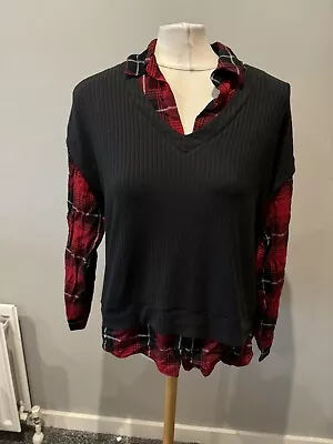 Ladies New Look Black Red Tartan Check Pattern 2 In 1 Look Jumper Shirt Size 12  • £8