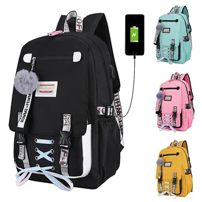 Women Girls USB Port Backpack Laptop Travel Shoulder School Book Bag Rucksack • $16.49