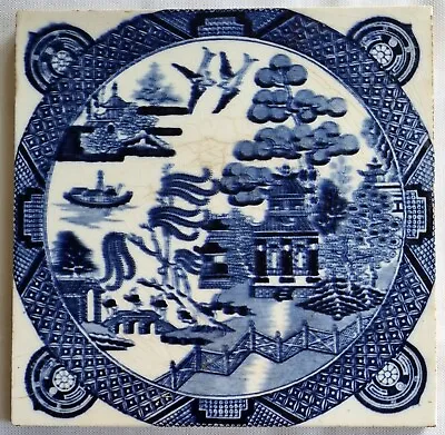 Antique Mintons Blue & White Willow Pattern Tile C1885. • £35