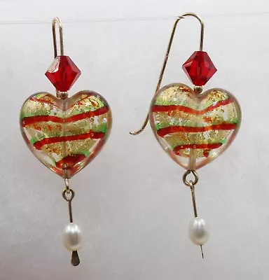 Beautiful HEART Earrings MURANO GLASS Crystal & Pearl 2  ~ New Without Tags • $29.99