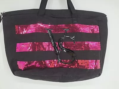 Victoria Secret Pink Black Overnight Sequin 24  Large Travel Gym Tote Bag • $19.94