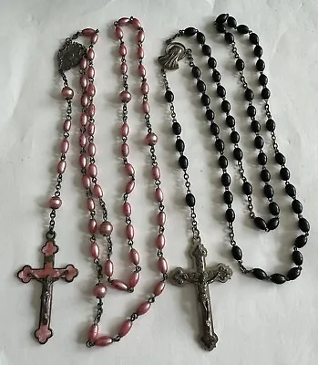 Vintage Religious Catholic Rosary Beads Pink Black Crucifix Lot Of 2 • $29.99