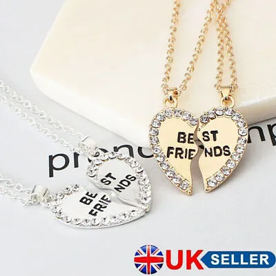 Silver Gold Broken Heart Best Friend Rhinestone 2 Pcs Friendship Necklace Gift • £2.98