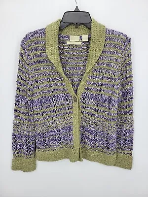 Sigrid Olsen Sweater Womens XS Green Purple Silk Hand Knit Button Front Cardigan • $18.98