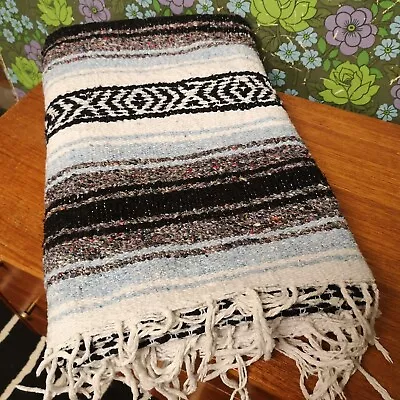 £19.99 • Buy Light Blue Grey Black Mexican Woven Stripy Falsa Yoga Blanket / Throw