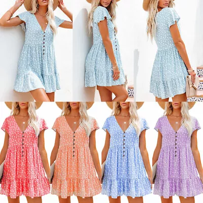 $9.68 • Buy Womens Summer Boho Floral Dress Ladies Short Sleeve Frill Mini Sun Dresses Tops