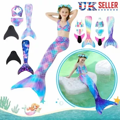 Kids Girls Mermaid Tail Swimming Costume Swimmable Bikini Set Swimsuits Monofin • £10.82