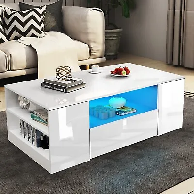 LED Coffee Table Wooden 2 Drawer Storage High Gloss Modern Living Room Furniture • £79.99