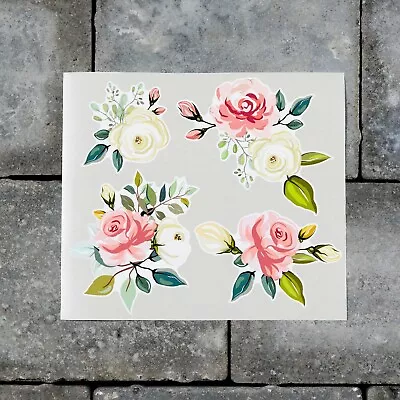 £3.99 • Buy 4 X Pink & White Rose Flower Vinyl Stickers Wall MacBook Laptop IPad - SKU7203
