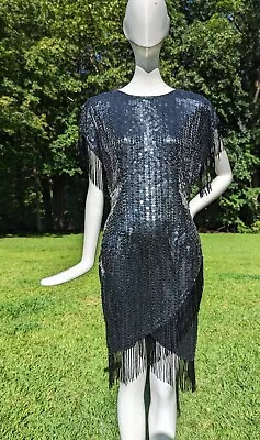 Vintage Late 1980’s Black Sequin Evening Dress W Jet Bead Fringe • $78