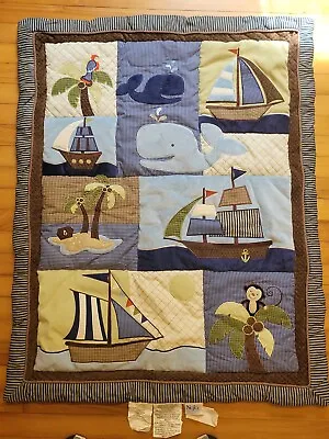 NoJo AHOY MATE Crib Bedding Blanket Pirate Ships Whales Boats Monkey 42 X33  • $21.99