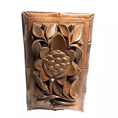 Vintage Hand Carved Wooden Box High Relief Flowers Leaves Indonesia 8“ X 4.5“ • $29