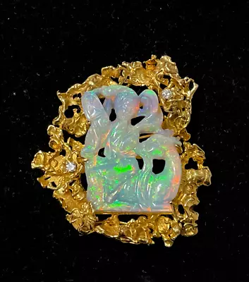 18k Gold Diamond Carved Opal Necklace Pin Vintage Mermaid Lady Fish Asian Brooch • $2500