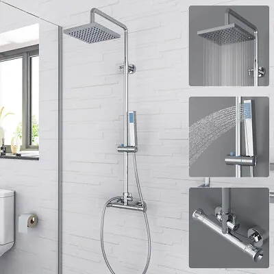Bathroom Chrome Thermostatic Shower Mixer Kit Square Twin Head Exposed Bar Set • £66.97