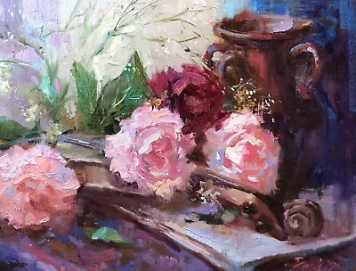 Peonies Floral Oil Painting Original Impressionism Art Violin By Emiliya Lane  • $520