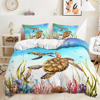 Turtle Seaweed Marine Organism Duvet Quilt Cover Queen Bedding Set Pillowcase • $9.99