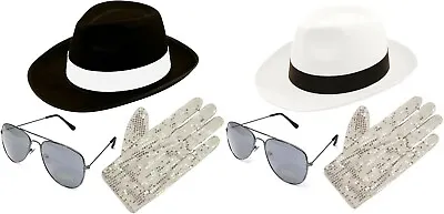 King Of Pop Michael Jackson Sequin Glove Hat & Glasses Gangster Fancy Dress Set • £12.95