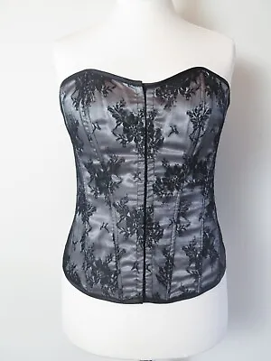 Today's Woman Silver Grey Black Lace Ribbon Trim Steampunk Boned Corset 16 BNWOT • $18.48