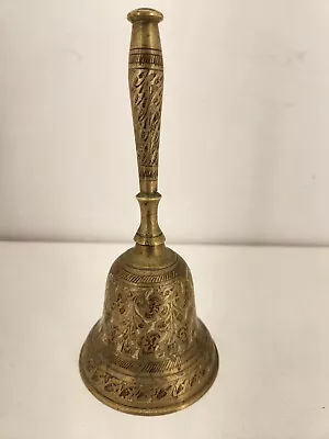 Vintage Engraved Brass Hand Bell With Thin Handle Made In India 6.5  Tall • $14.99