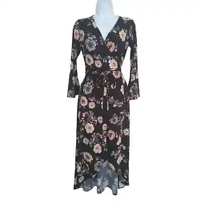 Veronica M Black Floral Wrap Dress High Low Hem XS • $14.96