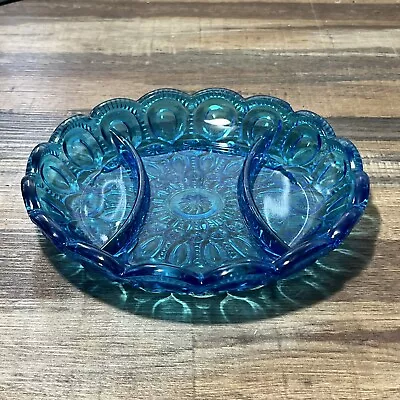 Vintage L E Smith Blue Moon And Stars Tri Relish Dish Art Glass Home Decor 8.25” • $25