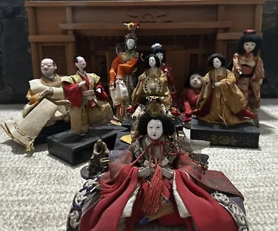 11 Vintage Japanese Kabuki Dolls With Decorative Ornate Wooden Theatre Stage Lot • $250