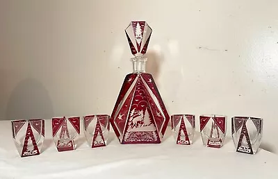 Antique Cut To Clear Crystal Moser Czech Bohemian Red Deco Glass Decanter Set  • $1169.99