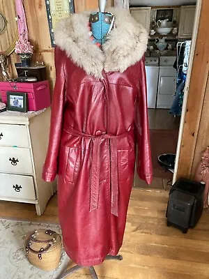 Vtg Red Leather & Silver Fox Fur Collar Coat 70's Leather Trench Spy Coat Sz 16 • $224.25