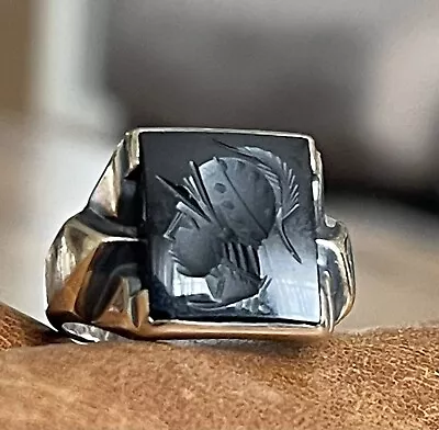 Vintage DJ 10K Gold On Sterling Roman Soldier Intaglio Black Onyx Ring Size 8.25 • $175