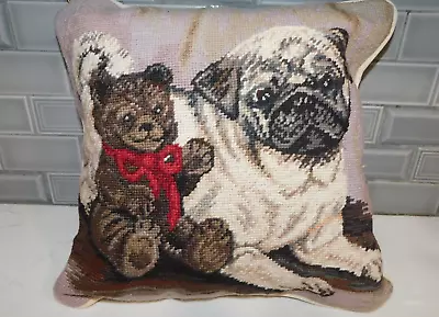 Vtg Needlepoint Pillow Accent Throw Toss Wool Velvet Pug Dog Teddy Bear 10  • $50
