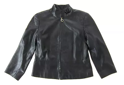 Linda Allard Ellen Tracy Black 100% Soft Leather Mock Neck Crop Moto Jacket 10 • $44.99