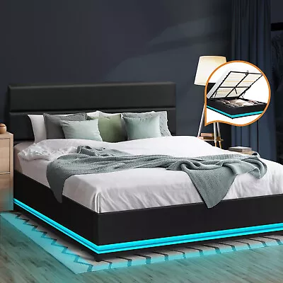 Oikiture Bed Frame Queen Double King Size RGB LED Gas Lift Base With Storage • $370.40