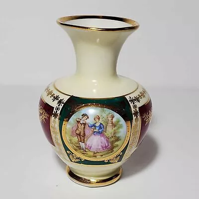 Courting Couple Vase Old Vienna Western Germany Small Maroon Green Gold Vintage • $23.99