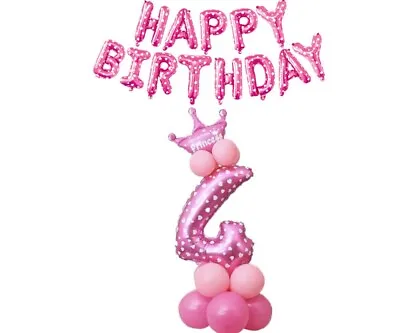 4th Birthday Girls Balloon Stand Pink Party Decorations Age 4 Kids With Banner • £4.79