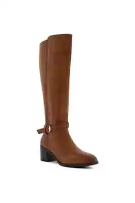 Dune London Trusti Tan Buckled Leather Heeled Knee High Boots Size 8 • £49.99