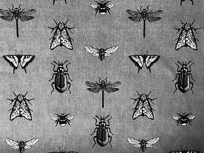 Grey Bugs Insects Fabric Bee Moth Butterfly Print Cotton Curtains Dress 55''wide • £1.50