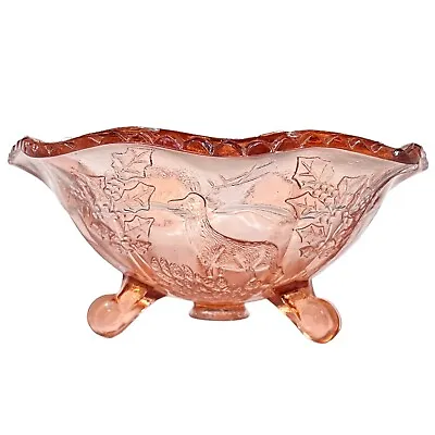 $19.99 • Buy Vtg Fenton ￼Depression Glass Pink Bowl Embossed  Stag Holly Leaves Zipper Rim