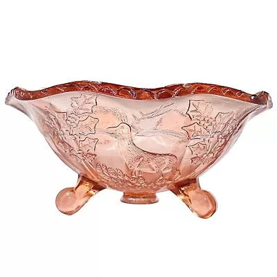 $19.99 • Buy Vtg Fenton ￼Depression Glass Pink Bowl Embossed  Stag Holly Leaves Zipper Rim