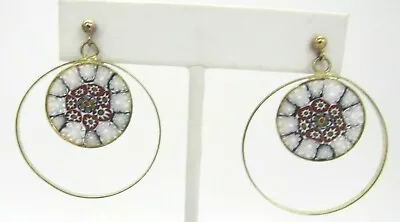 Vintage Millefiori White Red Art Glass Disks Dangle Earrings 1 1/4  D • $9.99