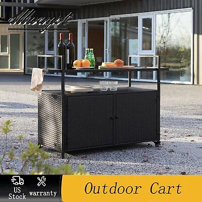 Outdoor Wicker Bar Cart Patio Wine Serving W/Wheels Rattan Beverage Counter • $228.56