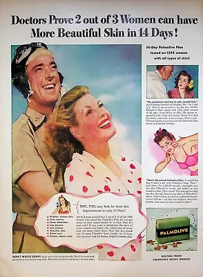 1944 Palmolive Soap Vintage Print Ad 1940s WWII Airforce Pilot Beautiful Woman • $11.99