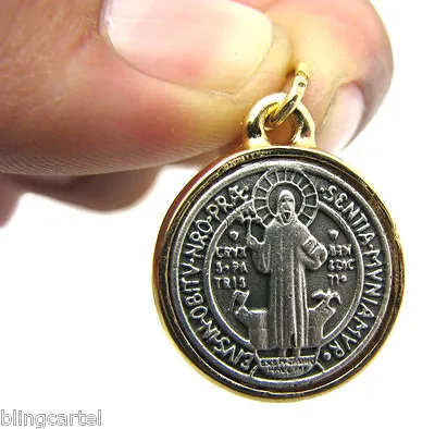 San Benito Medalla 20mm Saint Benedict Cross Silver/Gold Tone Extra Small Medal • $7.99