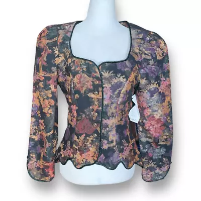 Vintage Cachet Collarless Jacket Floral Tapestry Sweetheart Neck Puff Sleeve • $74.95