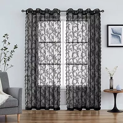 2 Panels Black Rose Sheer Lace Curtain Voile Eyelet Living Room Window Drape • $24.20