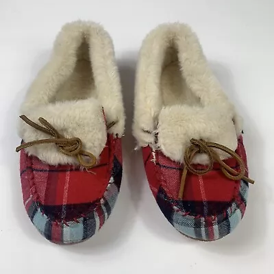 Cabela's Women's Size 6M Fur Slippers Red/Blue/White Plaid Print Slip Ons • $18.99