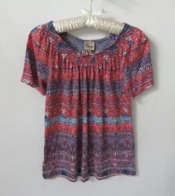 Como Vintage Blue Red Geo Smocked Neck Short Sleeve Top *Sz M* • $11.95