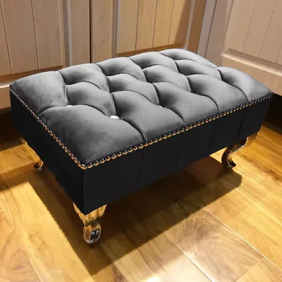 Upholstered Chesterfield Footstool Pouffe Fabric Foot Stool Seat Small Bench • £54.94