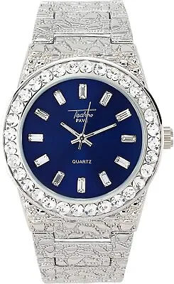 MEN Iced Watch Bling Rapper Simulate Lab Diamond Silver Metal Band Luxury Blue • $24.99